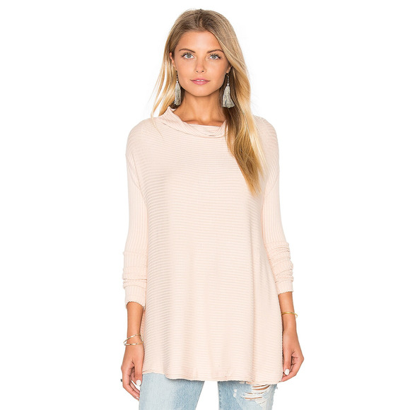Free People Top XS Light Pink Ribbed Cowl Neck Split Back Long Sleeve Pullover - Picture 2 of 13